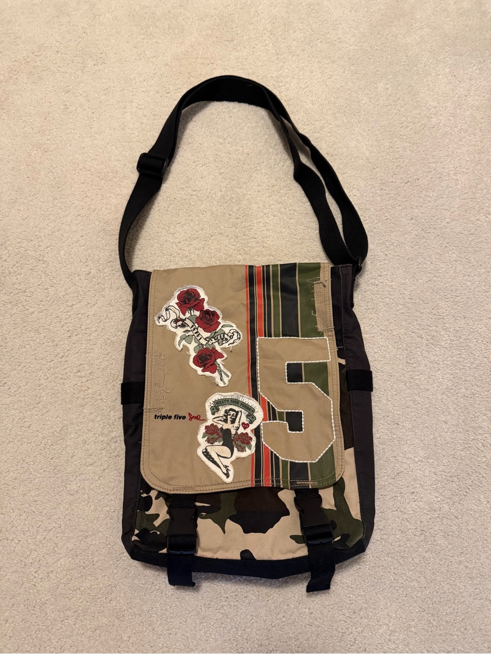 Triple Five Soul Tan, Green & Black Patchwork Messenger Bag